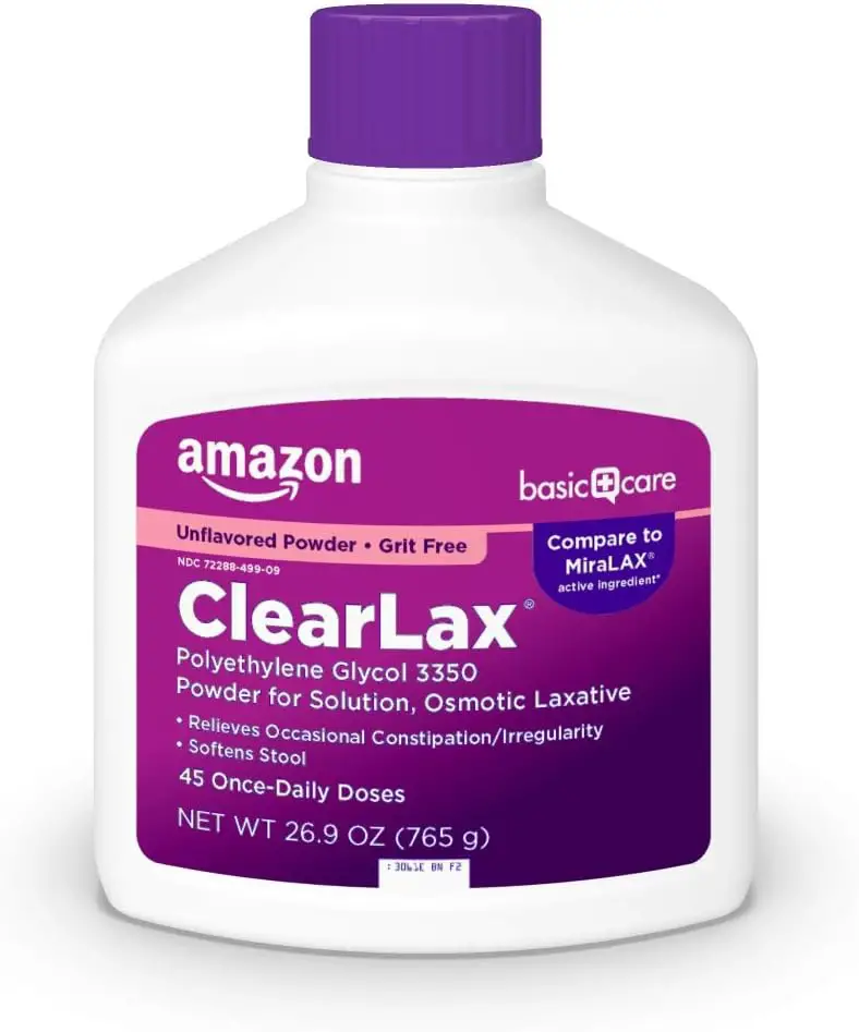 Amazon Basic Care ClearLax, Polyethylene Glycol 3350 Powder for Solution, Osmotic Laxative, Unflavored, 26.9 Ounces