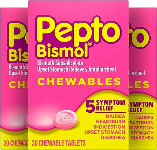 Pepto Bismol Chewable Tablets for Nausea, Heartburn, Indigestion, Upset Stomach, and Diarrhea, 5 Symptom Fast Relief, Original Flavor, 30ct x 3, 90 Total Chewables